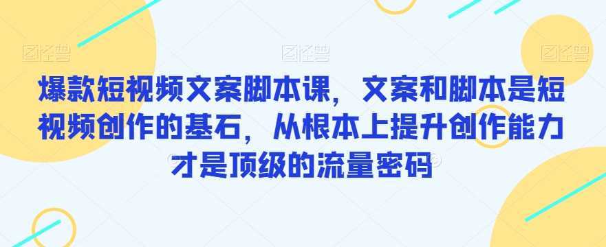 爆款短视频文案脚本课，文案和脚本是短视频创作的基石，从根本上提升创作能力才是顶级的流量密码